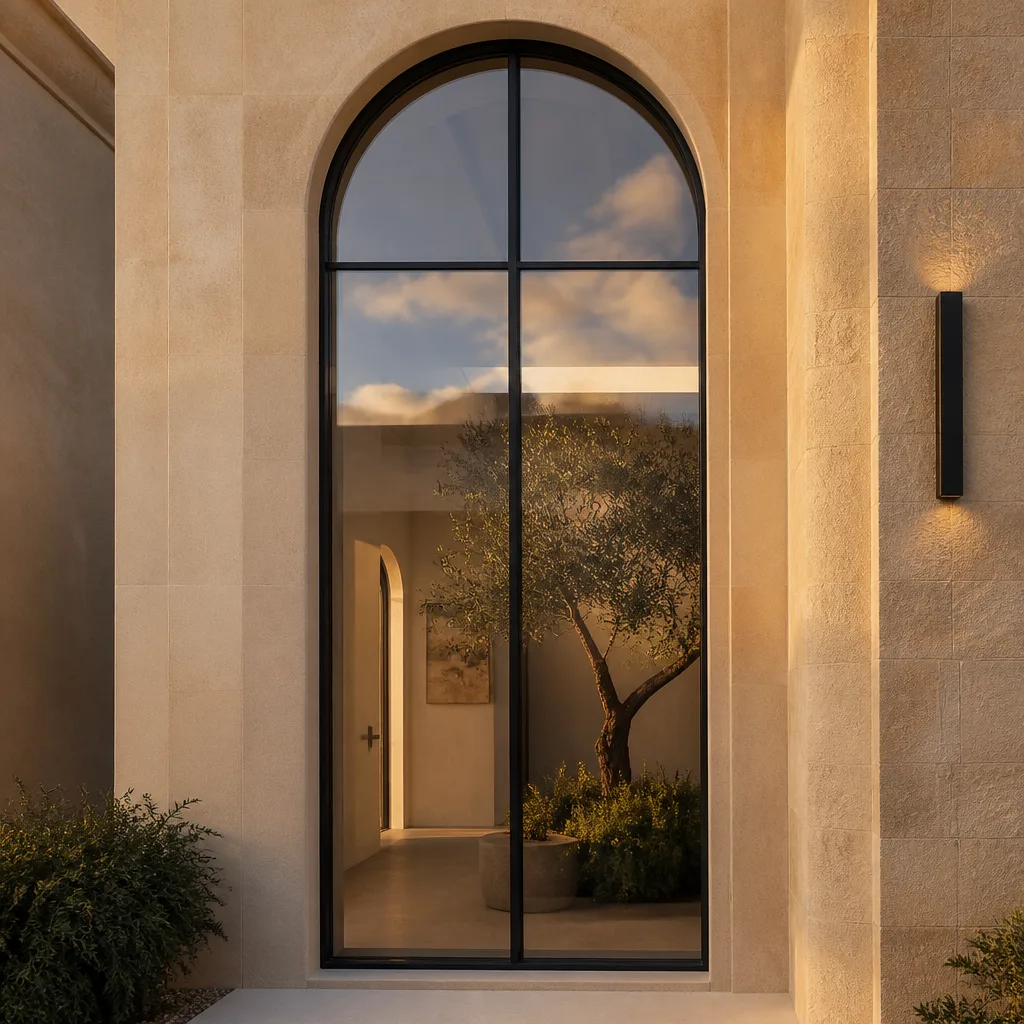 Modern arched window design with black frame and stone facade in Hialeah, FL