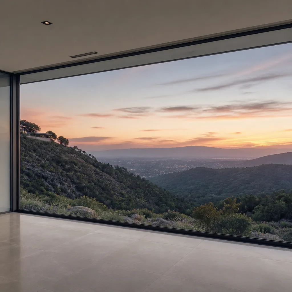 Modern floor-to-ceiling panoramic windows overlooking a scenic valley sunset in Coral Terrace, FL