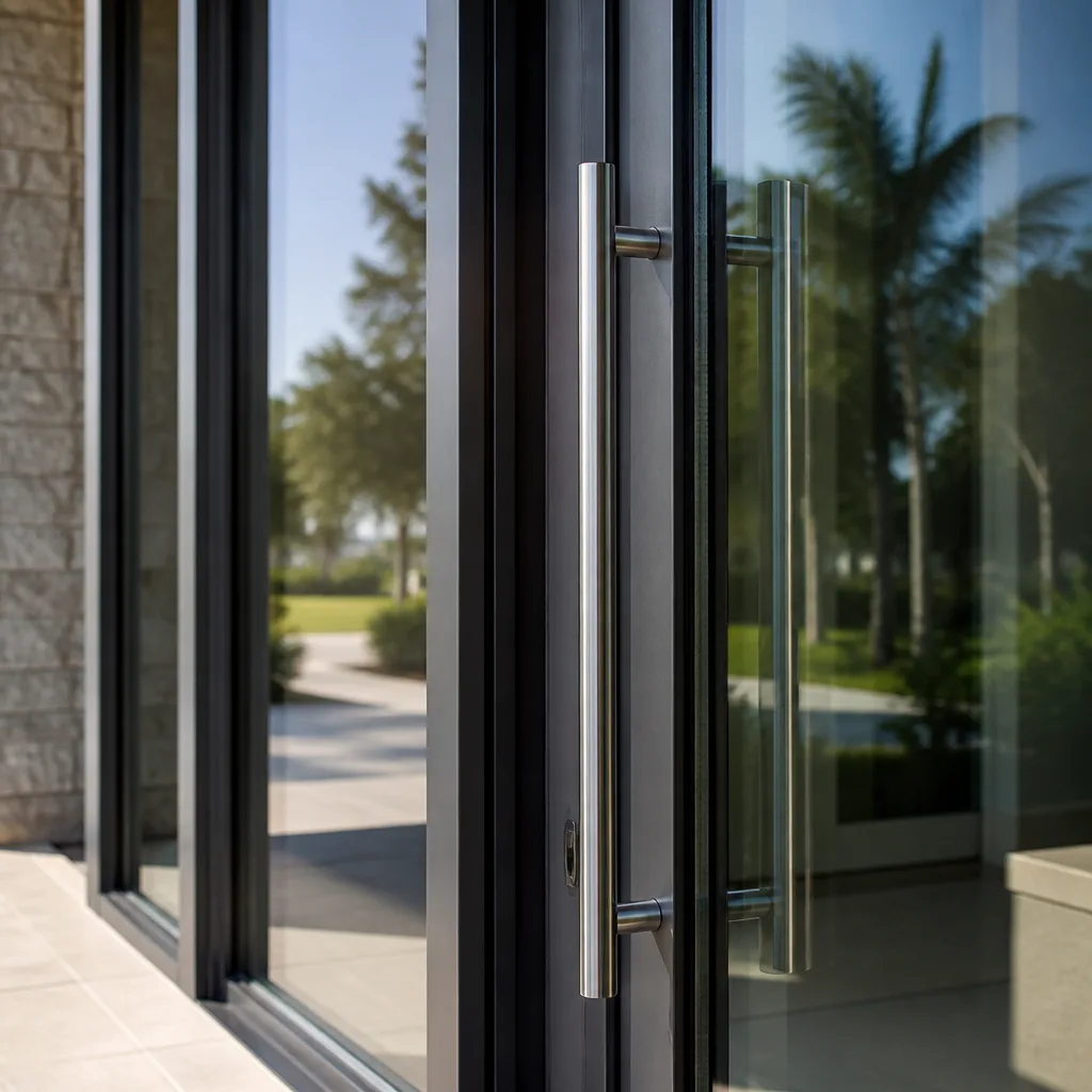 Modern glass door with minimalist stainless steel handle installation in Hialeah, FL
