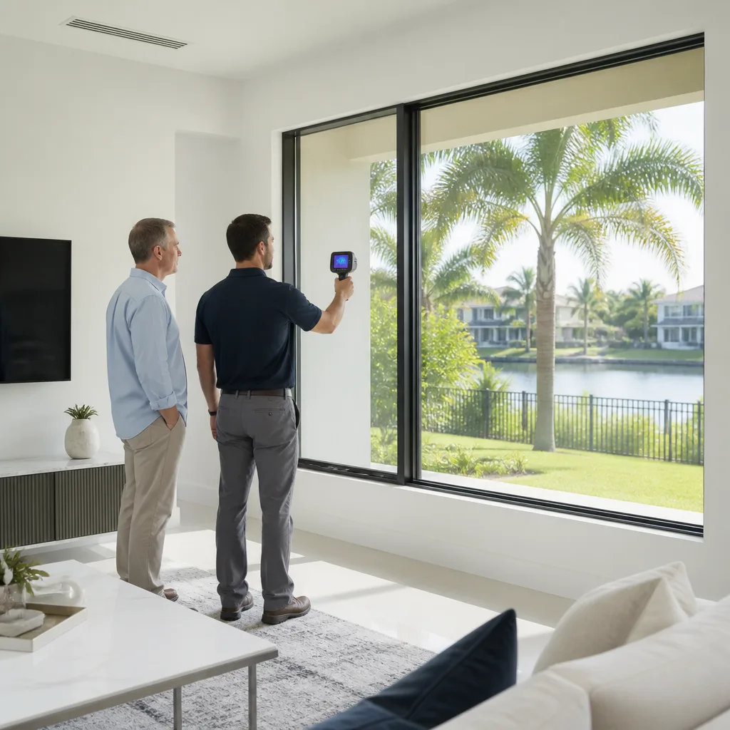 Technician using thermal camera to inspect energy-efficient home windows in Miami Springs, FL
