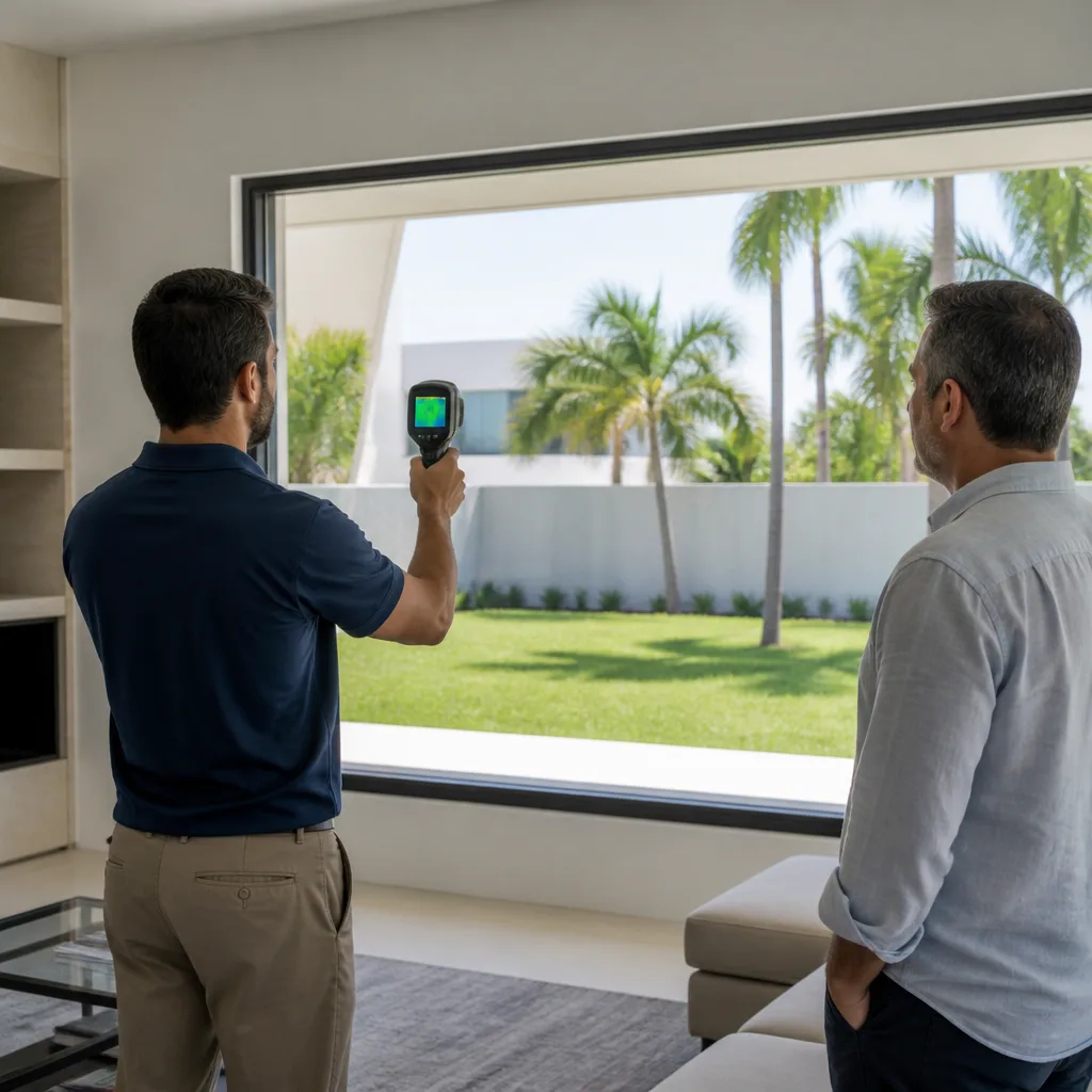 Technician using a thermal camera to inspect energy-efficient window and door sealing. in Hialeah, FL