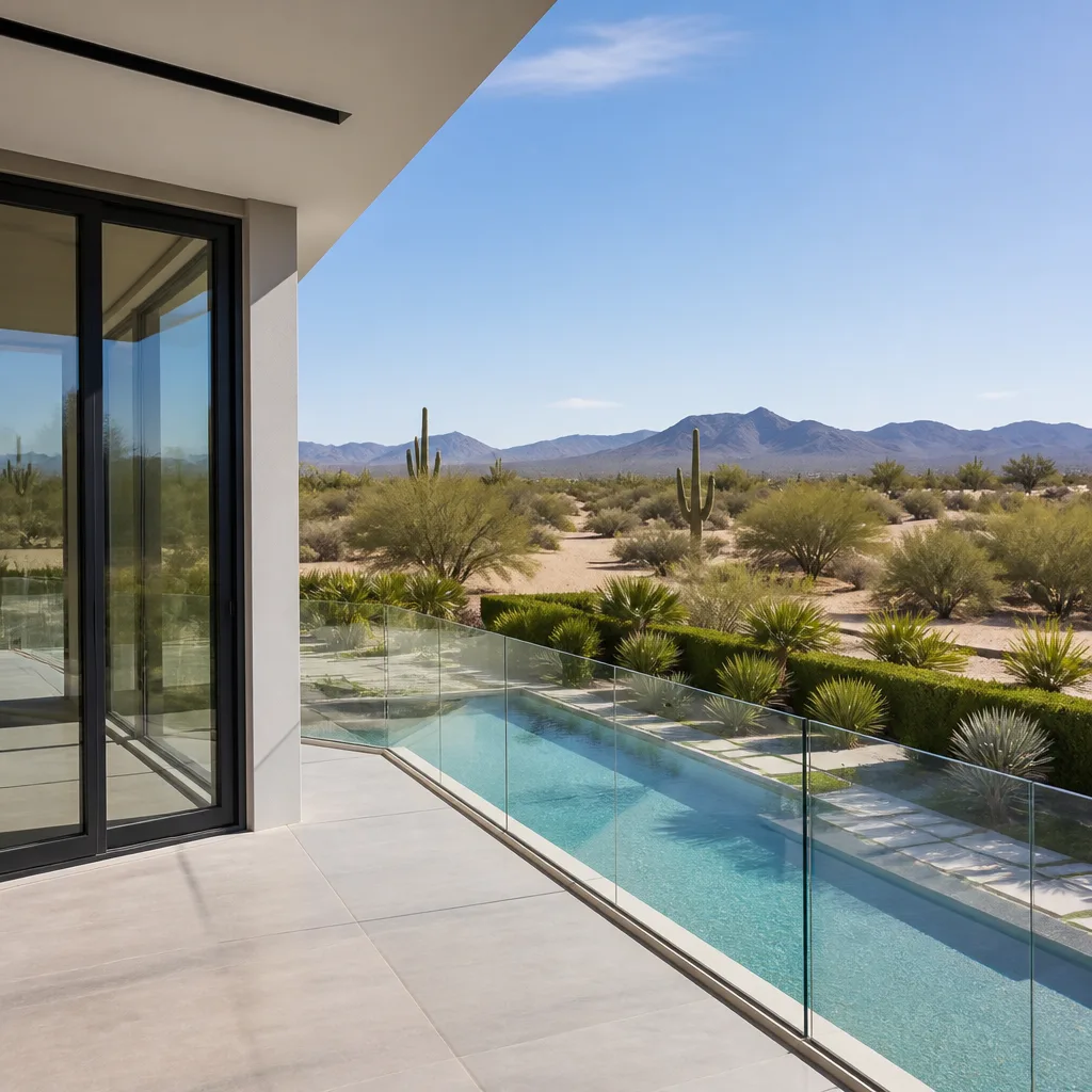 Modern frameless glass railing system on a luxury balcony with desert view in Sunset, FL