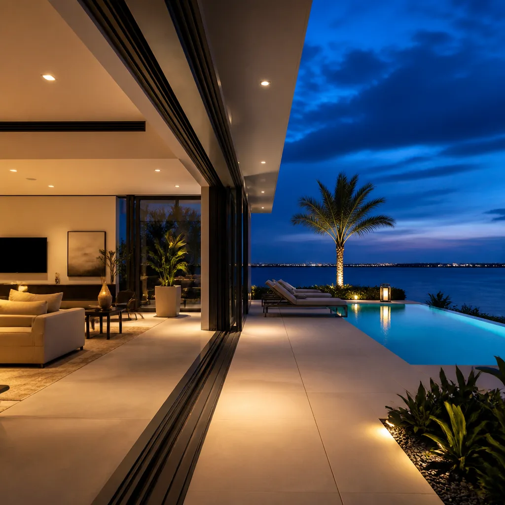 Modern glass sliding patio doors opening onto an infinity pool terrace in Brownsville, FL