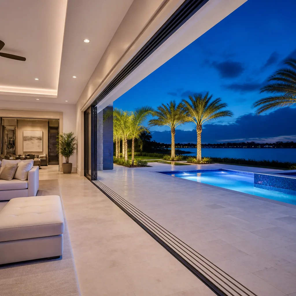 Modern luxury home featuring seamless floor-to-ceiling impact sliding glass doors. in Sunset, FL