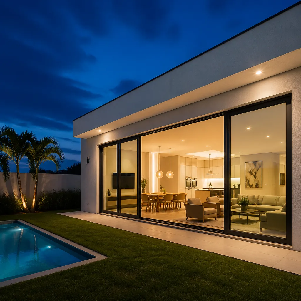 Modern home with large floor-to-ceiling sliding glass patio doors. in Sunset, FL