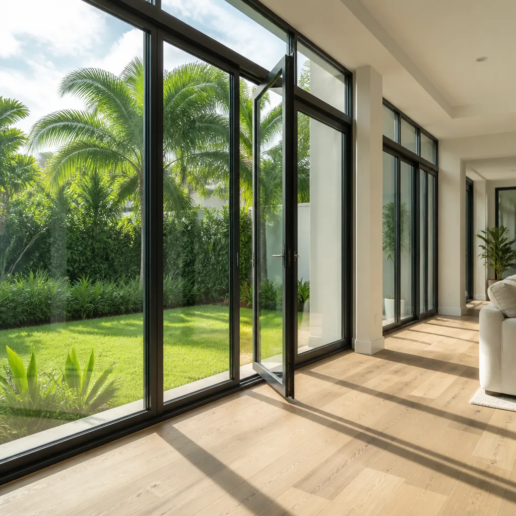 Modern floor-to-ceiling patio doors installed in a residential living space. in Kendale Lakes, FL