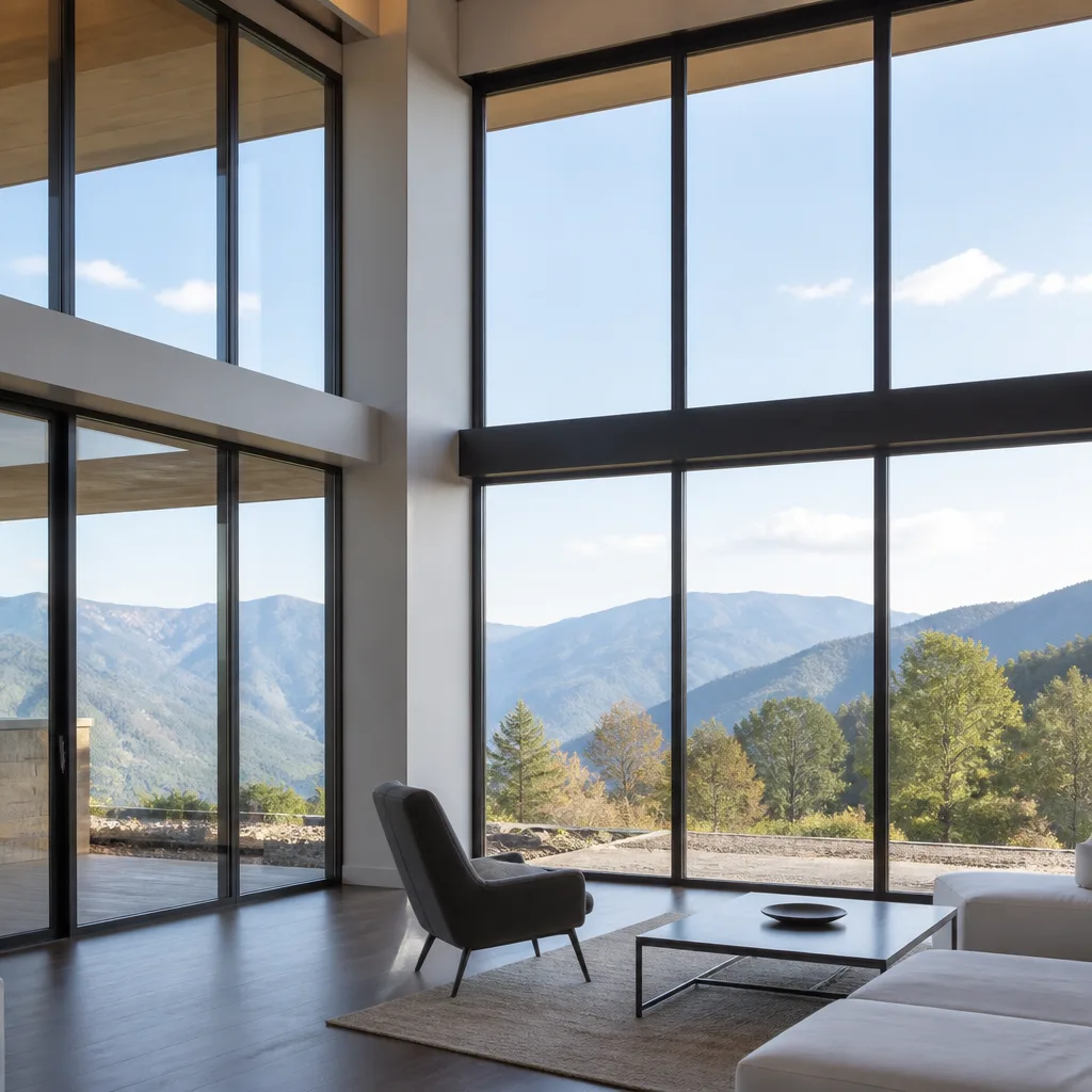 Modern floor-to-ceiling window installation in a contemporary living space with mountain views
