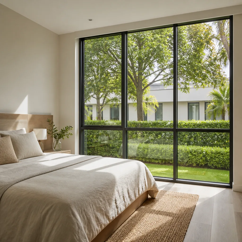 Modern bedroom with black-framed floor-to-ceiling windows overlooking a green garden in Sunset, FL