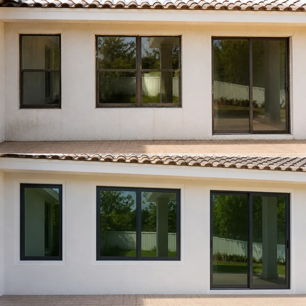 Before and after professional window replacement and door installation on house exterior. in Sunset, FL